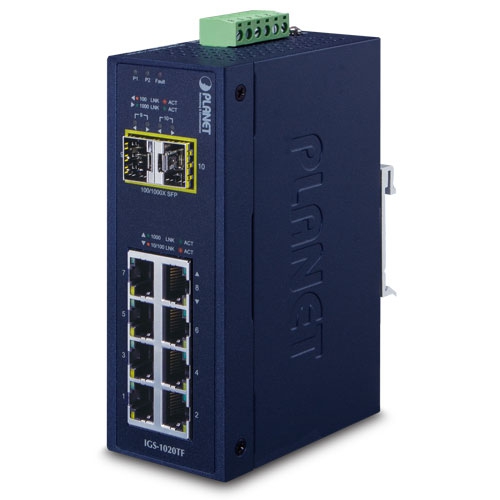 PLANET IP30 Industrial 8-Port 10/100/1000T + 2-Port 100/1000X SFP Ethernet Switch (-40~75 degrees C)