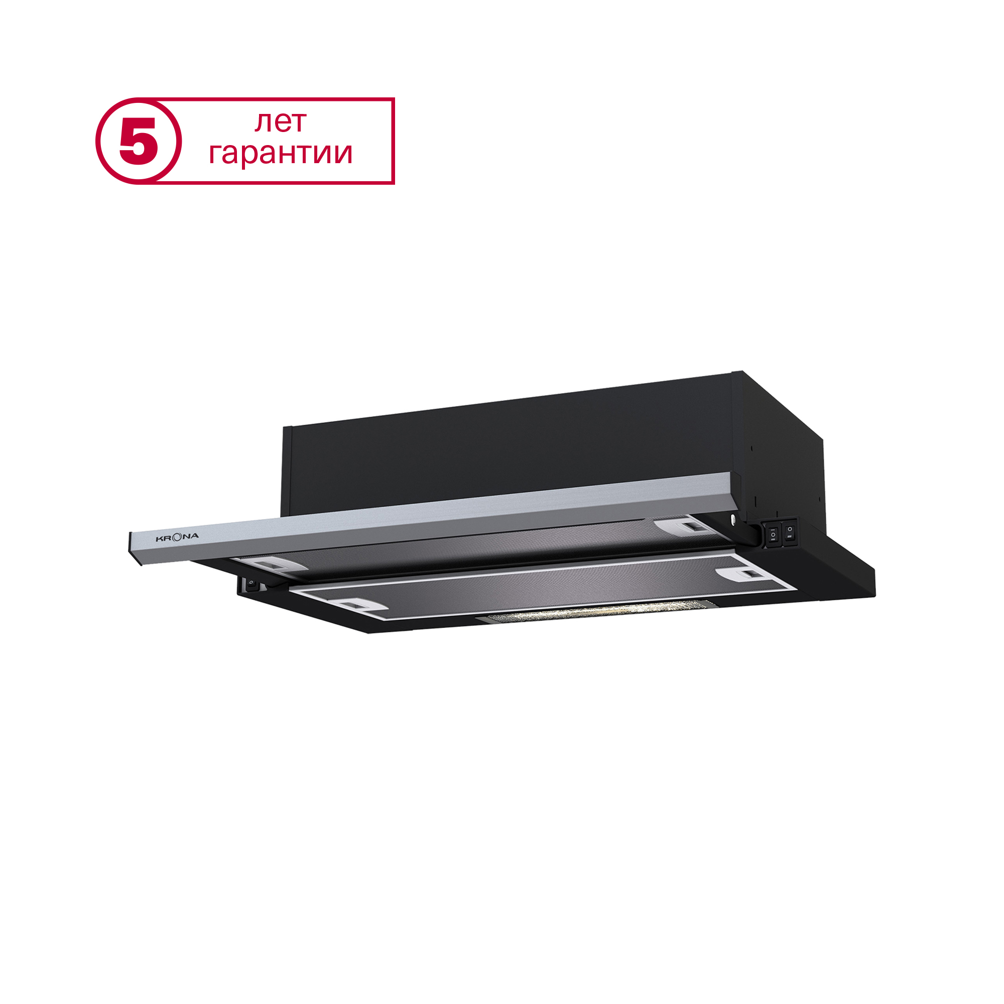 Вытяжка KRONA Kamilla slim 2M 600 black/inox [встр, 60 см, 1066 м³/ч, кнопки, черн/сереб]