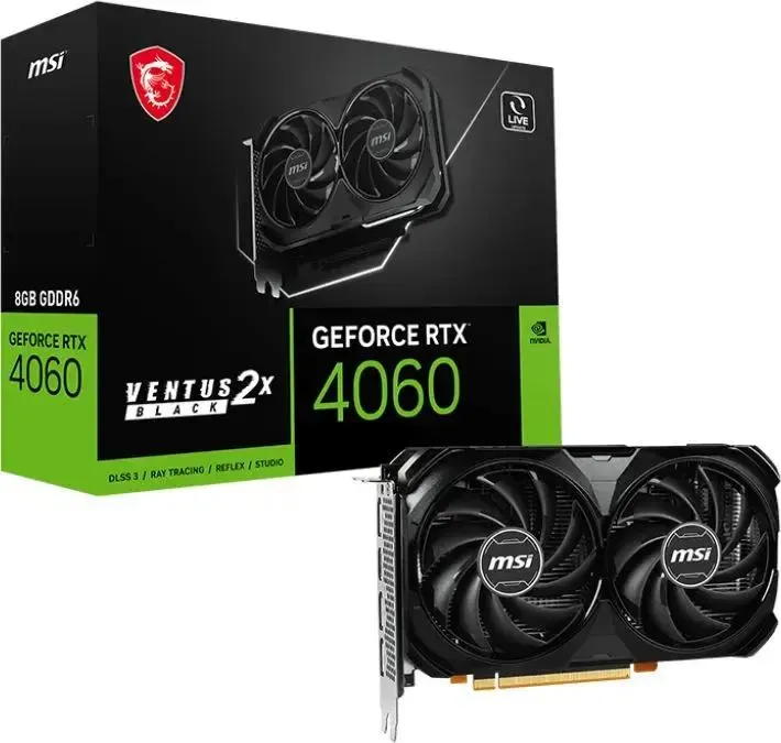 Видеокарта MSI PCI-E 4.0 RTX 4060 Ti 8G VENTUS 2X BLACK E1 OC NVIDIA GeForce RTX 4060TI 8Gb 128bit GDDR6 2565/18000 HDMIx1 DPx3 HDCP Ret