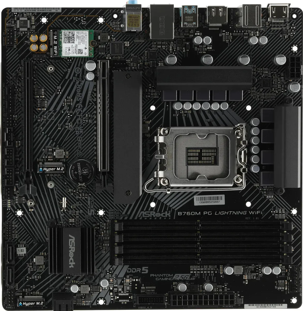 Материнская плата ASRock B760M PG LIGHTNING WIFI, LGA1700, 4xDDR5, mATX, Retail
