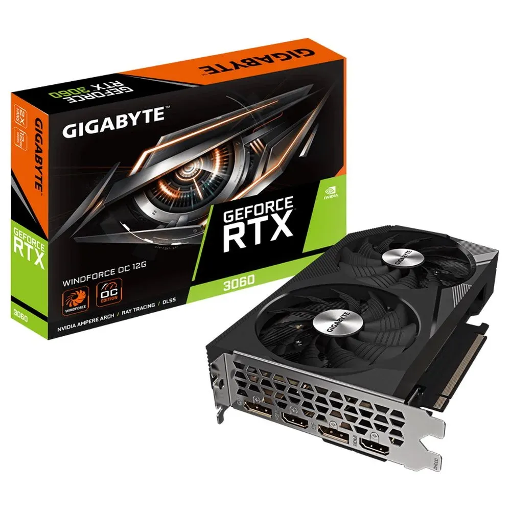 Видеокарта Gigabyte GeForce RTX 3060 12288Mb, Windforce OC 12G (GV-N3060WF2OC-12GD 2,0) 2xHDMI, 2xDP, Ret