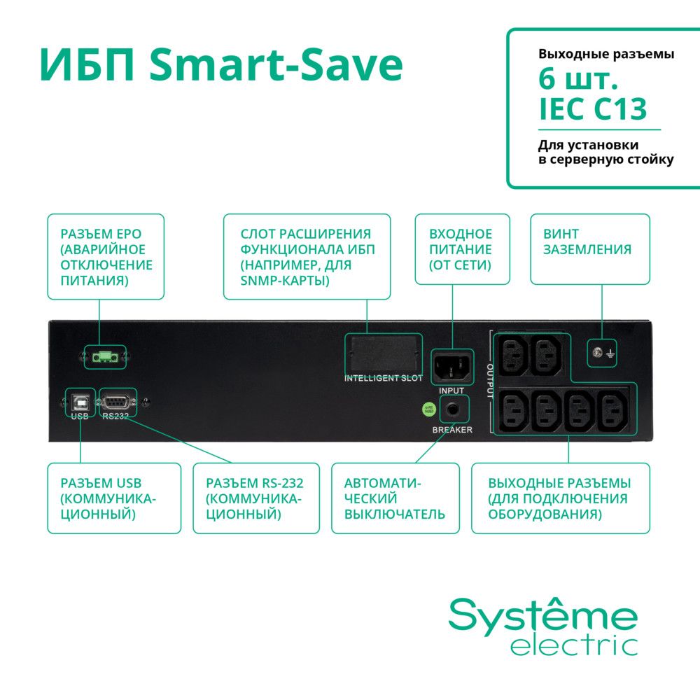 ИБП Systeme Electric Smart-Save SMT SMTSE1000RMI2U, 1000 В·А, 720 Вт, IEC, розеток - 6, USB, черный
